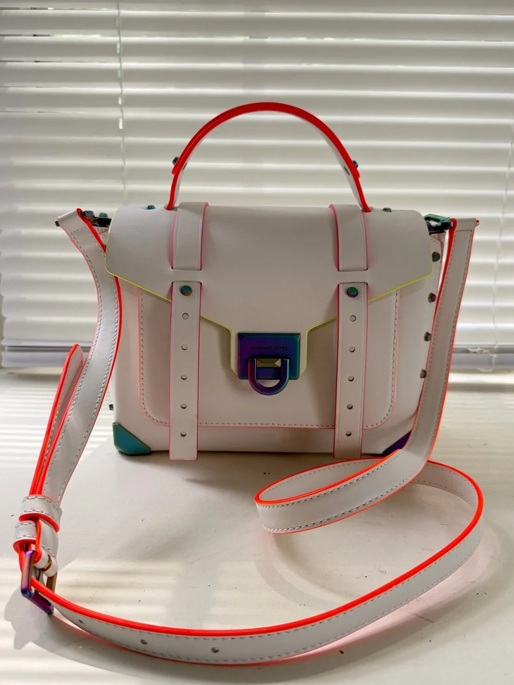 Michael Kors Manhattan Medium Optic White Neon Crossbody School Leather Satchel